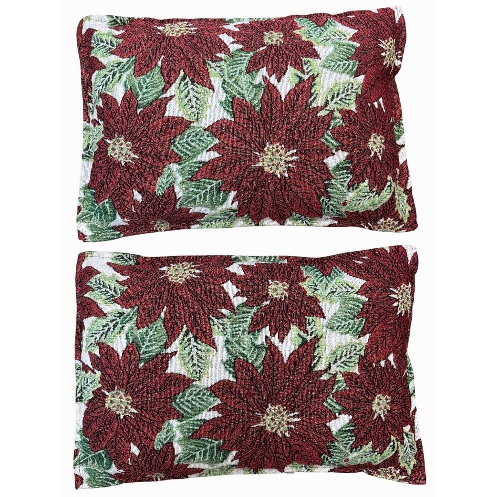 Vintage Christmas Poinsettia Decor Lumbar Pillows Glitter Knit Tapestry Pair